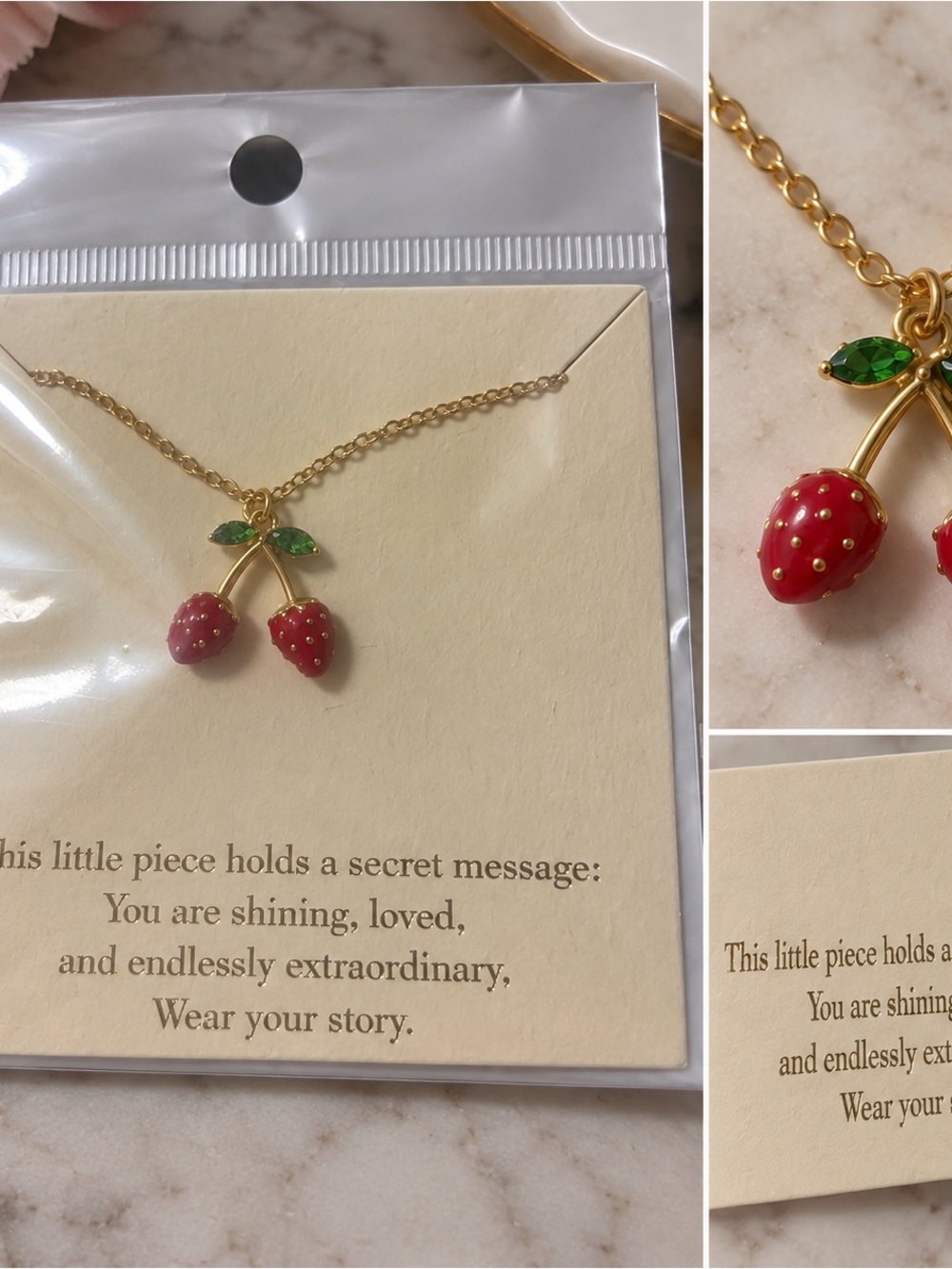 Gold Strawberry Pendant Necklace - Red & Green Cherry-Style Charm